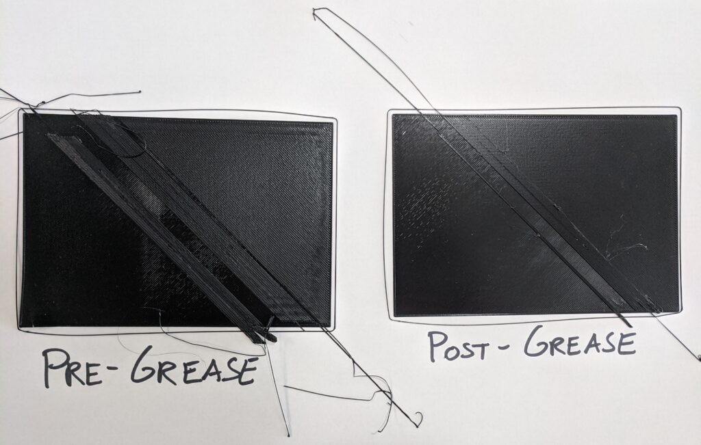 Comparison of the failed print before and after greasing the bearings.