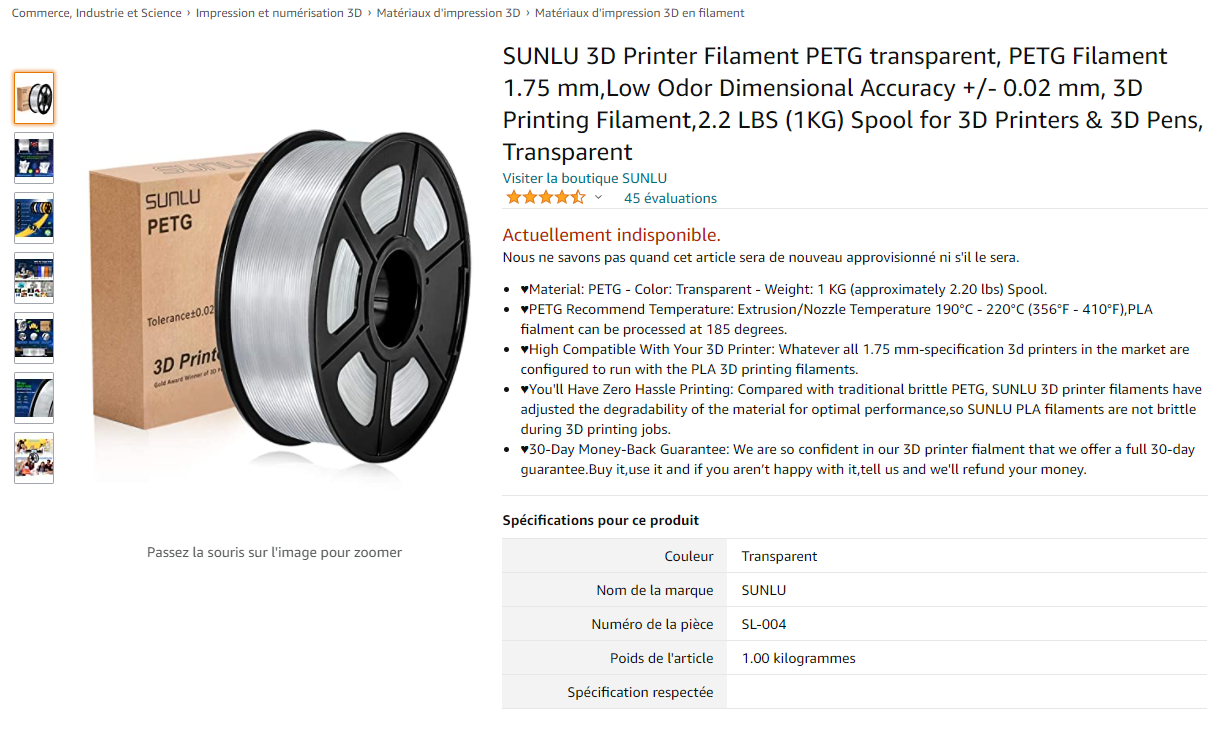 SUNLU Clear PETG Filament 1.75mm 3D Printer Filament Transparent 1KG - 0.02  mm
